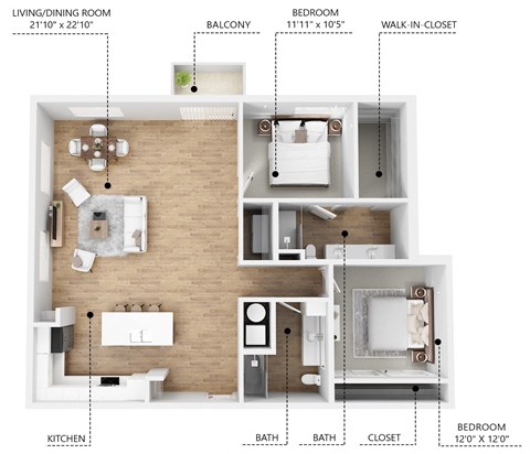 Floor plan for 2 beds, 2 baths, 1300 sqft